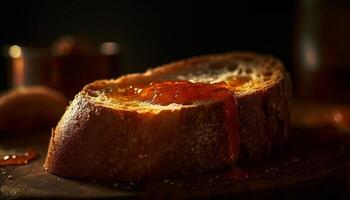 ai generiert frisch gebacken hausgemacht brot, ein Scheibe von Süss Genuss generiert durch ai foto