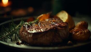 ai generiert gegrillt Steak, gekocht zu Perfektion, ein Gourmet Mahlzeit auf Feuer generiert durch ai foto