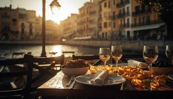 ai generiert romantisch Sonnenuntergang, Gourmet Mahlzeit, Italienisch Kultur, Luxus reisen, elegant Wein generiert durch ai foto