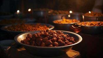 ai generiert Frische und Hitze erstellen ein Gourmet Mahlzeit auf das Kochen Schüssel generiert durch ai foto