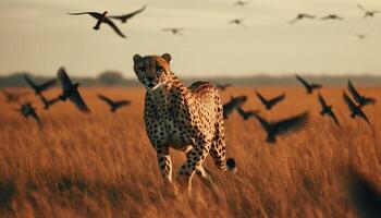 ai generiert majestätisch Gepard Laufen im das afrikanisch Savanne beim Sonnenuntergang generiert durch ai foto