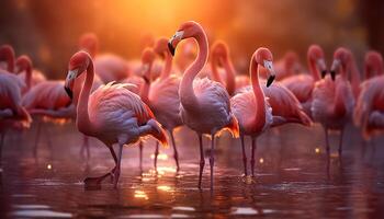 ai generiert ein beschwingt Gruppe von Flamingos waten im ein tropisch Teich generiert durch ai foto