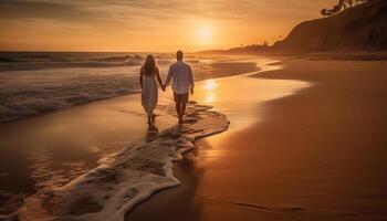 ai generiert ein Paar Spaziergänge auf das Strand, Umarmen Liebe und Zusammengehörigkeit generiert durch ai foto