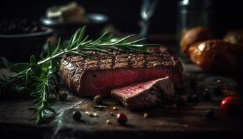 ai generiert gegrillt Steak, saftig und zart, gewürzt mit organisch Kräuter und Gewürze generiert durch ai foto