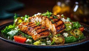 ai generiert gegrillt Hähnchen Brust mit Salat, ein gesund Gourmet Sommer- Mahlzeit generiert durch ai foto