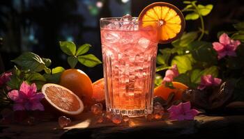 ai generiert frisch Zitrusfrüchte Obst Cocktail auf ein hölzern Tisch, erfrischend Sommer- trinken generiert durch ai foto