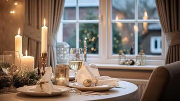 ai generiert festlich Datum Nacht Tischlandschaft Idee, Abendessen Tabelle Rahmen zum zwei und Weihnachten, Neu Jahr, Valentinsgrüße Tag Dekor, Englisch Land Zuhause Styling foto