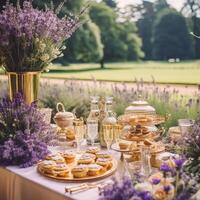 ai generiert Dessert Buffet Tisch, Essen Gastronomie zum Hochzeit, Party Urlaub Feier, Lavendel Dekor, Kuchen und Nachspeisen im ein Land Garten, generativ ai foto