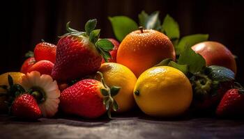 ai generiert Frische von Sommer- Früchte auf ein rustikal hölzern Tisch, gesund Essen generiert durch ai foto