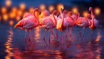 ai generiert ein beschwingt Gruppe von multi farbig Vögel Stehen durch ein still Teich generiert durch ai foto
