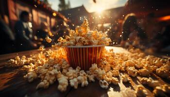 ai generiert Gourmet Snack auf hölzern Tabelle beim Film Theater generiert durch ai foto