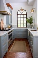 ai generiert Hütte Küche Innere Design, Zuhause Dekor und Haus Verbesserung, Englisch stumm geschaltet Blau im Rahmen Küche Schränke im ein Land Haus foto