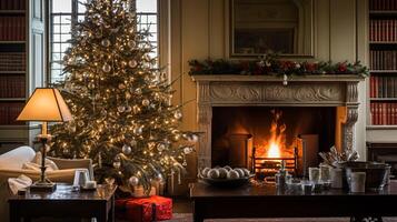 ai generiert Weihnachten beim das Herrenhaus, Englisch Landschaft Dekoration und Innere Dekor foto