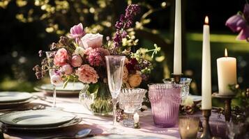 ai generiert Tabelle Dekor, Urlaub Tischlandschaft und Abendessen Tabelle Rahmen im Landschaft Garten, formal Veranstaltung Dekoration zum Hochzeit, Familie Feier, Englisch Land und Zuhause Styling foto