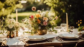 ai generiert Tabelle Dekor, Urlaub Tischlandschaft und Abendessen Tabelle Rahmen im Landschaft Garten, formal Veranstaltung Dekoration zum Hochzeit, Familie Feier, Englisch Land und Zuhause Styling foto