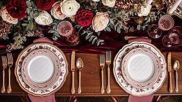 ai generiert Valentinsgrüße Tag Tischlandschaft und Tabelle Dekor, romantisch Tabelle Rahmen mit Blumen, formal Abendessen und Datum, schön Besteck und Geschirr foto