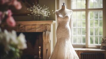 ai generiert Hochzeit drees, Braut- Kleid Stil und maßgeschneidert Mode, Weiß maßgeschneidert Ball Kleid im Ausstellungsraum, Schneider passend zu, Schönheit und Hochzeit foto