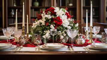 Weihnachten beim das Herrenhaus, Urlaub Tischlandschaft und Abendessen Tabelle Einstellung, Englisch Landschaft Dekoration und Innere Dekor foto