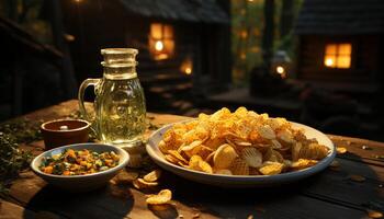 ai generiert rustikal Tisch, frisch Mahlzeit, Holz Schüssel, gesund Essen generiert durch ai foto