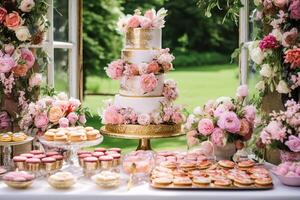 ai generiert Hochzeit Kuchen mit Blumen- Dekor, Party Feier und Urlaub Dessert Gastronomie im ein Land Garten, generativ ai foto