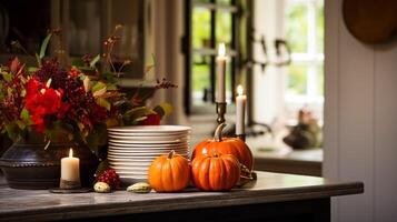 ai generiert herbstlich Küche Dekor, Innere Design und Haus Dekoration, klassisch Englisch Küche dekoriert zum Herbst Jahreszeit im ein Land Haus, elegant Hütte Stil foto