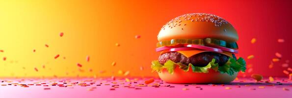 ai generiert köstlich Burger Über verschwommen und bunt Hintergrund mit leeren Raum zum Text. foto