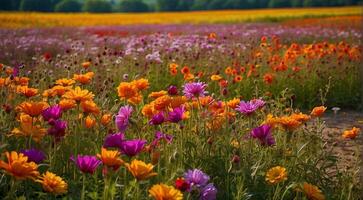 ai generiert schön Blume Feld, Sommer- Szene, schön Blumen im das Feld, Grün Natur, Panorama- Aussicht foto