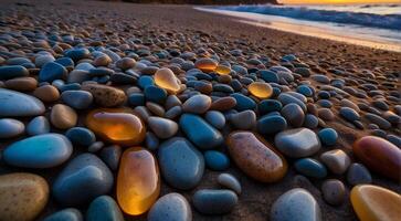 ai generiert schön Strand farbig Steine im das Strand Seite mit Wellen beim das Nacht, Phosphor Steine, farbig Strand Steine Hintergrund foto