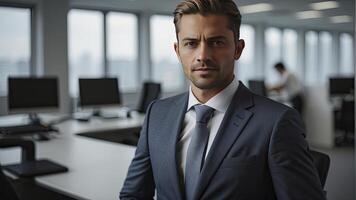 ai generiert Nahansicht von ein Geschäftsmann im Büro, Geschäftsmann beim das Arbeit im Büro , ziemlich jung Mann im Büro foto