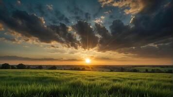 ai generiert ein Sonnenuntergang Über ein Grün Feld mit das Sonne leuchtenden durch das Wolken und das Sonne leuchtenden durch das Blätter, Wind ziehen um Grün Gras, Panorama- Sicht, Sommer- Landschaft foto