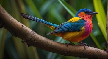 ai generiert farbig schön Vogel Sitzung auf das Baum im das Dschungel, farbig wild Vogel, farbig wild Vogel Sitzung auf das Ast von Baum im Urwald foto