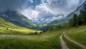 ai generiert schweizerisch Alpen Berg Angebot mit üppig Wald Täler und Wiesen, Landschaft im Schweiz Landschaft. heiter idyllisch Panorama, majestätisch Natur, Entspannung, Ruhe Konzept foto