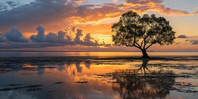 ai generiert ein Silhouette von ein Baum auf ein Insel Strand Sonnenuntergang Landschaft. golden Stunde Abend Himmel im das Horizont. Achtsamkeit, Meditation, Ruhe, Gelassenheit, Entspannung Konzept Hintergrund foto