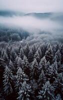 ai generiert Landschaft Foto von Tanne neblig Wald mit Nebel. natürlich ästhetisch Aussicht zum Umgebung Bewusstsein.