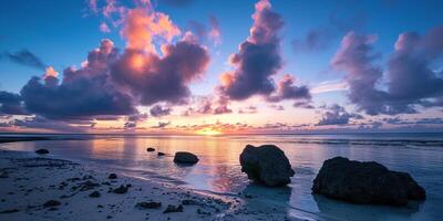 ai generiert großartig Barriere Riff auf das Küste von Queensland, Australien felsig Strand Meereslandschaft. Felsen und Kiesel, lila und Orange golden Stunde Sonnenuntergang Abend Himmel Horizont Meer Hintergrund Hintergrund foto