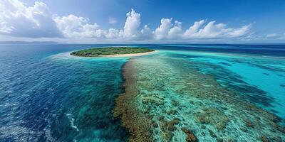 ai generiert großartig Barriere Riff auf das Küste von Queensland, Australien Meereslandschaft. Koralle Meer Marine Ökosystem Hintergrund mit Blau wolkig Himmel im das Tageslicht foto