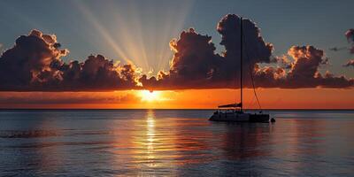 ai generiert ein schwarz Boot Silhouette Segeln im das Meer Meereslandschaft. lila, Rosa, und Orange feurig golden Stunde Sonnenuntergang Abend Himmel im das Horizont. Ozean, Ruhe Wasser Hintergrund Hintergrund foto