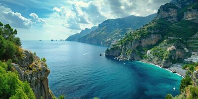 ai generiert Amalfi Küste Küste im Sorrentin Halbinsel, Kampanien Region, Italien. Urlaub Ziel Küste mit Hügel, Strände, und Klippen, Meer Sicht, Blau Himmel Tag Hintergrund Hintergrund foto