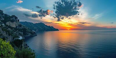 ai generiert Amalfi Küste Küste im Sorrentin Halbinsel, Kampanien Region, Italien. Urlaub Ziel Küste mit Hügel, Strände, und Klippen, Meer Sicht, Sonnenuntergang golden Stunde Hintergrund foto