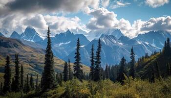 ai generiert schneebedeckt Berge von Alaska, Landschaft mit Wälder, Täler, und Flüsse im Tageszeit. heiter Wildnis Natur Komposition Hintergrund Hintergrund, Reise Ziel, Abenteuer draußen foto