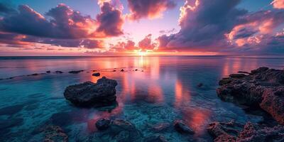 ai generiert großartig Barriere Riff auf das Küste von Queensland, Australien felsig Strand Meereslandschaft. Felsen und Kiesel, lila und Orange golden Stunde Sonnenuntergang Abend Himmel Horizont Meer Hintergrund Hintergrund foto