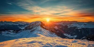 ai generiert schweizerisch Alpen schneebedeckt Berg Angebot mit Täler und Wiesen, Landschaft im Schweiz Landschaft. golden Stunde majestätisch feurig Sonnenuntergang Himmel, Reise Ziel Hintergrund Hintergrund foto