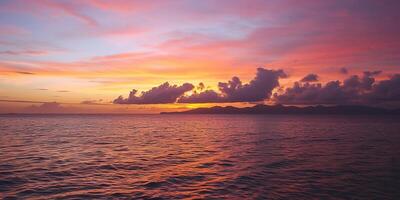 ai generiert Ruhe Meer Sonnenuntergang Landschaft. lila, Rosa, Orange feurig golden Stunde Abend Himmel im das Horizont. Achtsamkeit, Meditation, Ruhe, Gelassenheit, Entspannung Konzept Hintergrund Hintergrund foto