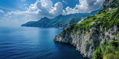 ai generiert Amalfi Küste Küste im Sorrentin Halbinsel, Kampanien Region, Italien. Urlaub Ziel Küste mit Hügel, Strände, und Klippen, Meer Sicht, Blau Himmel Tag Hintergrund Hintergrund foto