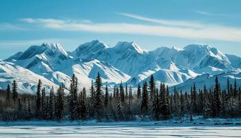 ai generiert schneebedeckt Berge von Alaska, Landschaft mit Wälder, Täler, und Flüsse im Tageszeit. atemberaubend Natur Komposition Hintergrund Hintergrund, Reise Ziel, Abenteuer draußen foto