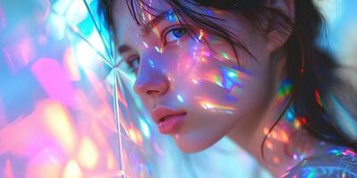 ai generiert jung Frau Modell- im ihr 20er Jahre posieren im ein Prisma befleckt Glas Regenbogen Spektrum hell Farbe Beleuchtung. natürlich Schönheit, Jugend, Gesicht Haut Pflege, Mode und bilden Konzept Hintergrund foto