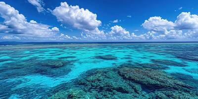 ai generiert großartig Barriere Riff auf das Küste von Queensland, Australien Meereslandschaft. Koralle Meer Marine Ökosystem Hintergrund mit Blau wolkig Himmel im das Tageslicht foto