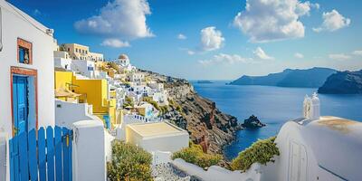 ai generiert Santorini thira Insel im Süd- ägäisch Meer, Griechenland Tageszeit. fira und oia Stadt, Dorf mit Weiß Häuser mit Blick auf Klippen, Strände, und klein Inseln Panorama Hintergrund Hintergrund foto