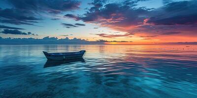 ai generiert ein schwarz Boot Silhouette Segeln im das Meer Meereslandschaft. lila, Rosa, und Orange feurig golden Stunde Sonnenuntergang Abend Himmel im das Horizont. Ozean, Ruhe Wasser Hintergrund Hintergrund foto