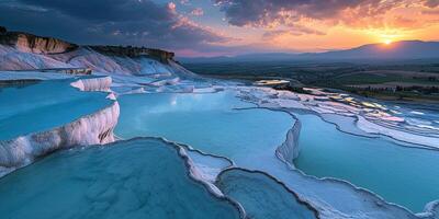 ai generiert Mineral Reich Baby Blau Thermal- Wasser im Weiß Travertin Terrassen auf ein Hang im Pamukkale, Truthahn. Sonnenuntergang draußen Spa im Natur, Reise Ziel, Entspannung und Ruhe Landschaft foto